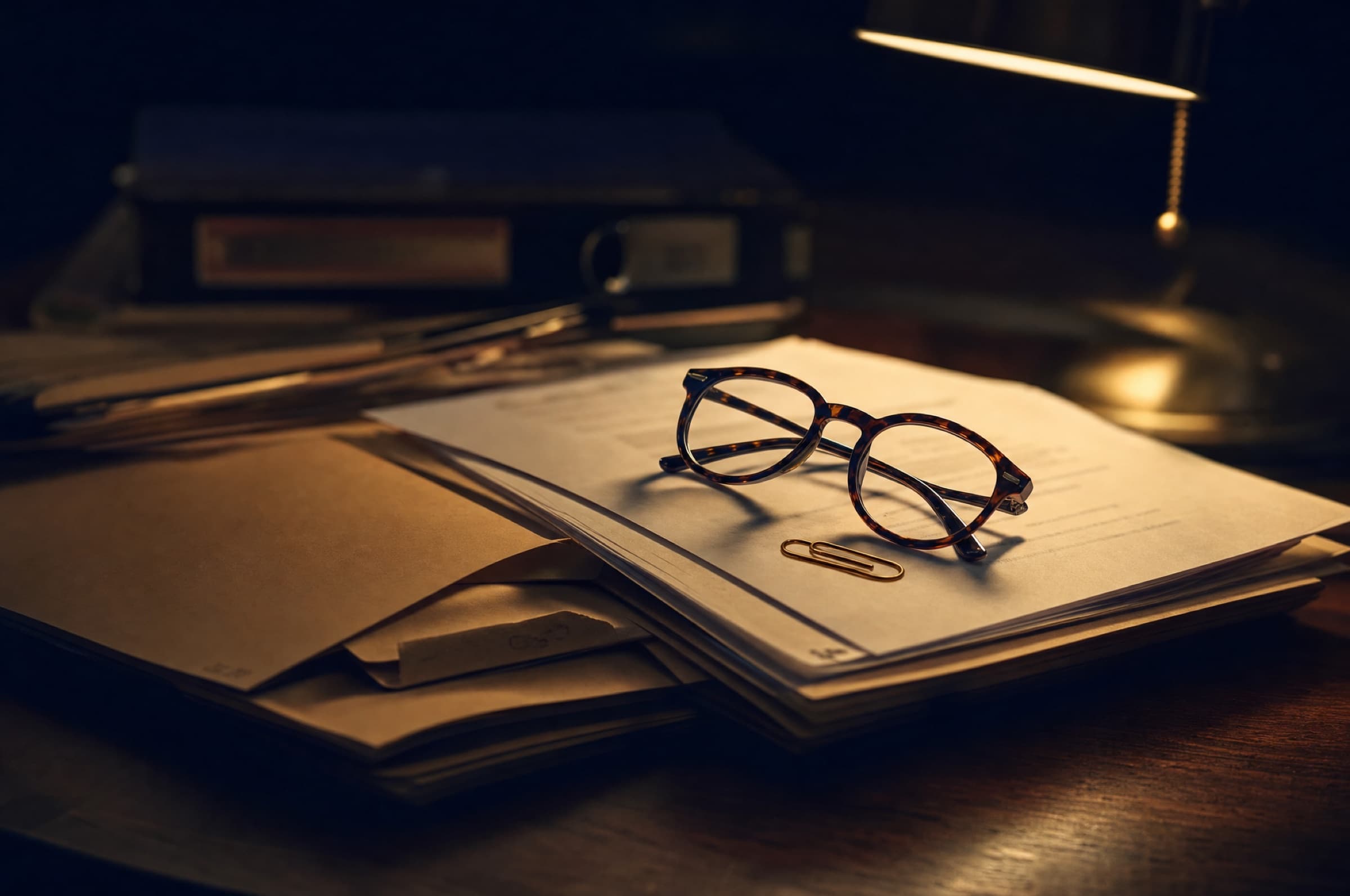 Claim files and reading glasses on a desk under warm lamplight