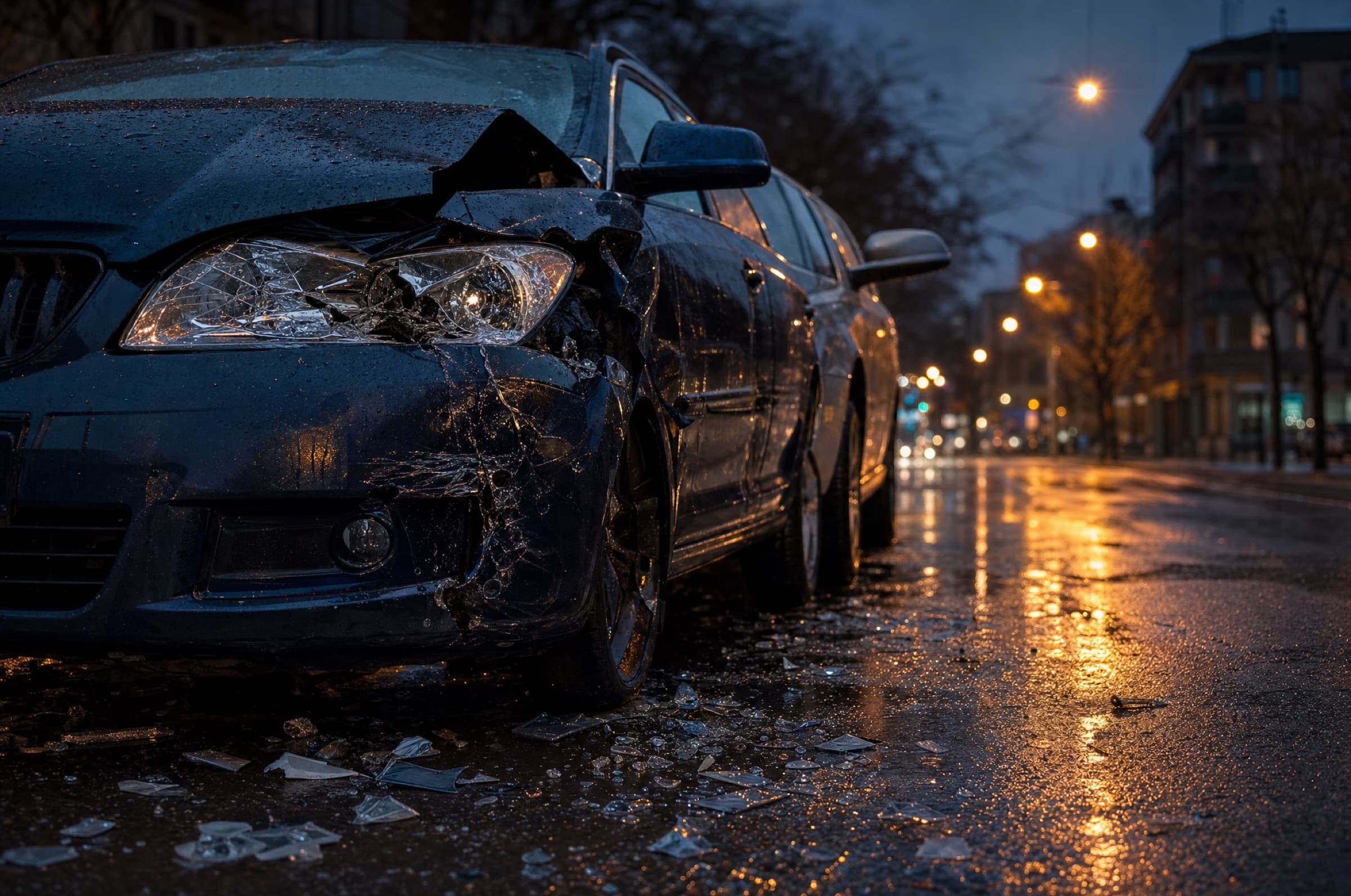 Damaged front bumper and broken headlight glass on a wet street at dusk